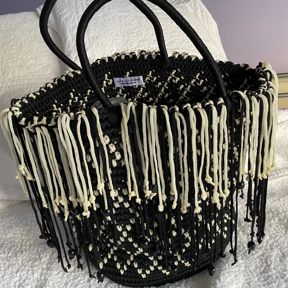 Boho Fringed Woven Bucket Tote NWOT